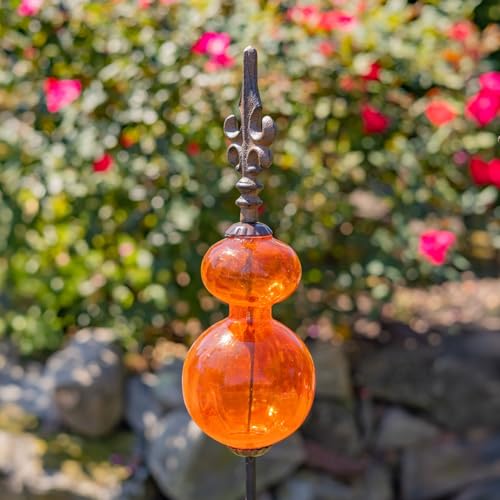 Zaer Ltd. Colored Blown Glass Garden Stake with Cast Iron Finial on Top (Pack of 2) (Bright Orange) - color: Bright Orange (Pack of 2)