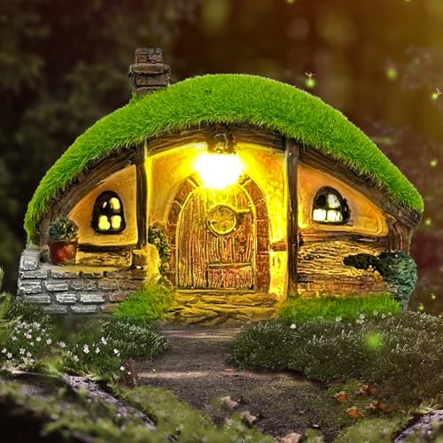 Garden Statue and Fairy House with Solar Lights – Resin Outdoor Figurine Lights, Cottage Yard Decor for Porch & Lawn - color: Fairy Garden House-5