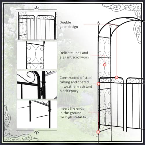 Outsunny 84" Garden Arch Arbor with Gate Metal for Climbing Vines Black
