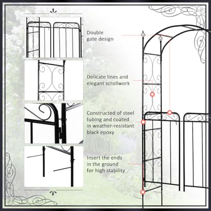 Outsunny 84" Garden Arch Arbor with Gate Metal for Climbing Vines Black