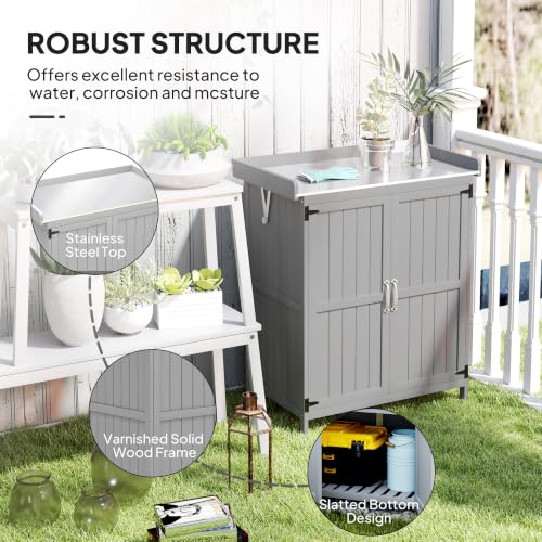 Outsunny Outdoor Storage Cabinet with Metal Tabletop Shelf Gray