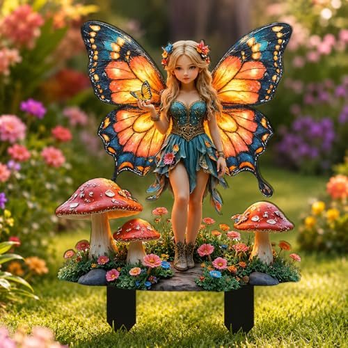 2D Flat Acrylic Butterfly Fairy Garden Stake, Weather Resistant Outdoor Yard Decor, Butterfly Wing Fairy with Mushroom Print Garden Ornament for Flower Pot, Lawn, Balcony, Garden Decoration Gift - color: Butterfly Fairy