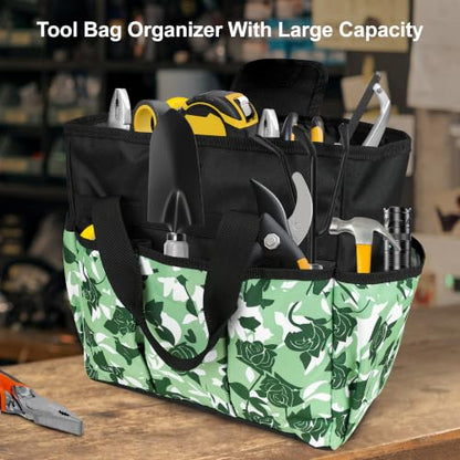 Portable Gardening Tool Tote Bag Organizer with 16 Pockets & Handle - color: Green Rose