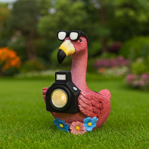 GoGnome Solar Flamingo Garden Statue with Camera Light – 5.5in Tall Solar Powered Outdoor Figurine for Yard, Patio, Balcony – Funny Garden Decor, Gift for Women (Flamingo) - style: Flamingo