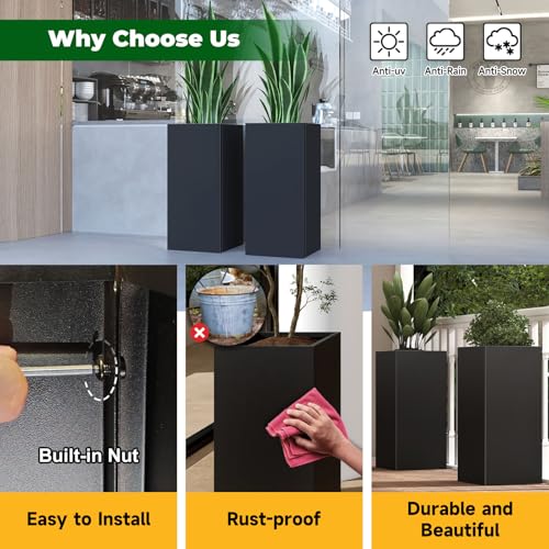 Metal Planter Box for Outdoor 14"x14"x30" Tall Metal Outdoor Planters Box - color: Black