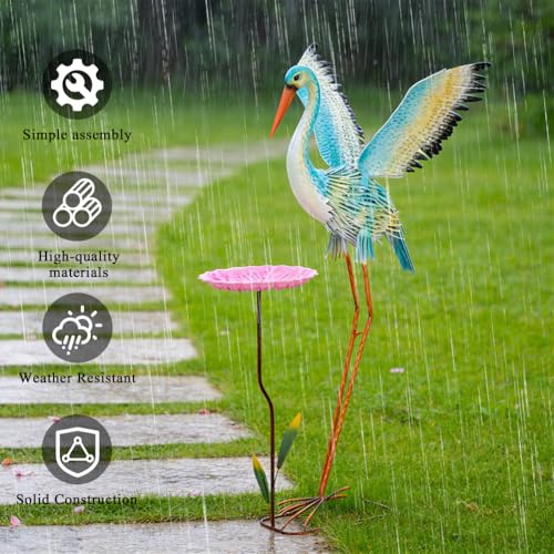 39" Large Heron Garden Statue,Crane Outdoor Statues with Leaf Tray - color: 39 Inch Green+pink With Leaf Tray