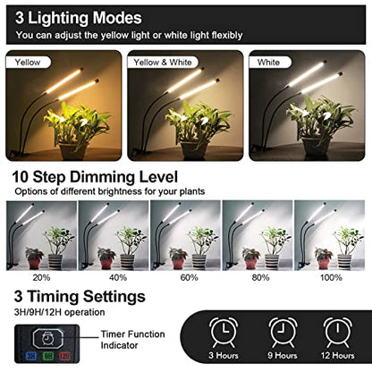 bseah Plant Grow Light for Indoor Plants, Full Spectrum Indoor Grow Light, 10-Level Dimmable and Auto ON & Off Timer (2 Head 2 Pack) - color: Yellow＆White（2 Tubes 2 Pack）