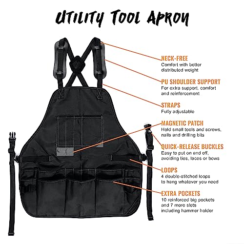 Under NY Sky Tool Apron, Magnetic Bits Holder, Cross-Back,18 Pockets, Black - color: Black