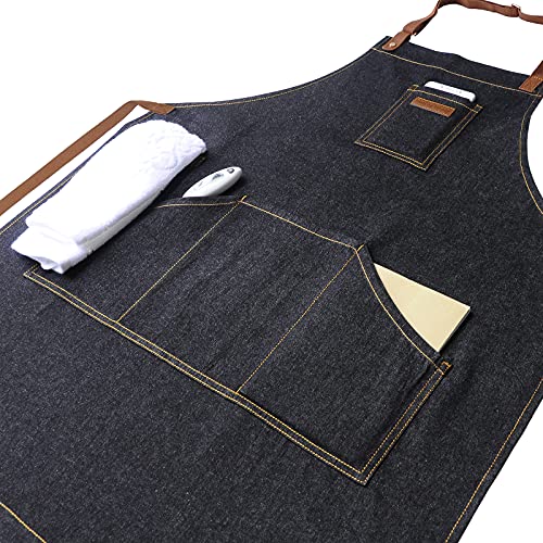 Black Kitchen Apron with Pockets & Towel Loop for Men Women, Denim - color: Black Denim 9#