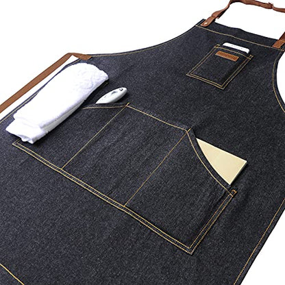 Black Kitchen Apron with Pockets & Towel Loop for Men Women, Denim - color: Black Denim 9#