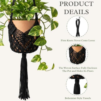 Boho Macrame Plant Hanger with Hooks, Rope Hanging Baskets for Plants - color: Black 2pack Pots Not Included