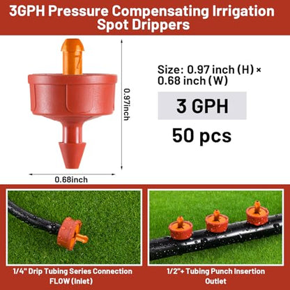 50pcs 3 GPH Pressure Compensating Drippers for Drip Irrigation - size: 3 GPH 50PCS