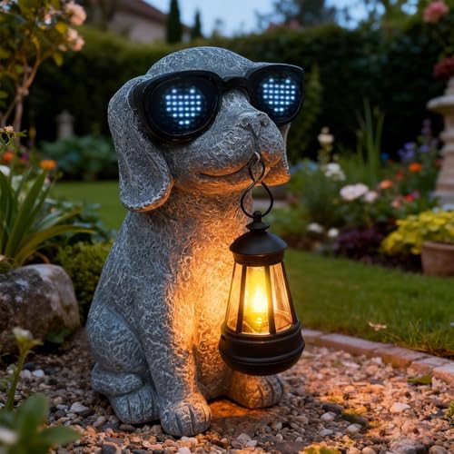 Solar Garden Outdoor Dog Statues - Garden Decorations Dogs Statue with Lantern, Waterproof Led Lights Yard Decor Figurine Birthday Gifts for Women Mom Grandma Dog Lovers for Patio Balcony Lawn - color: Gray
