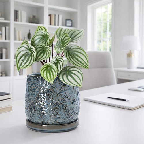 D'vine Dev Embossed Leaves Ceramic Planter, 6 in, Ocean Teal, 27-A-X-8 - color: Ocean Teal, size: 6 Inch