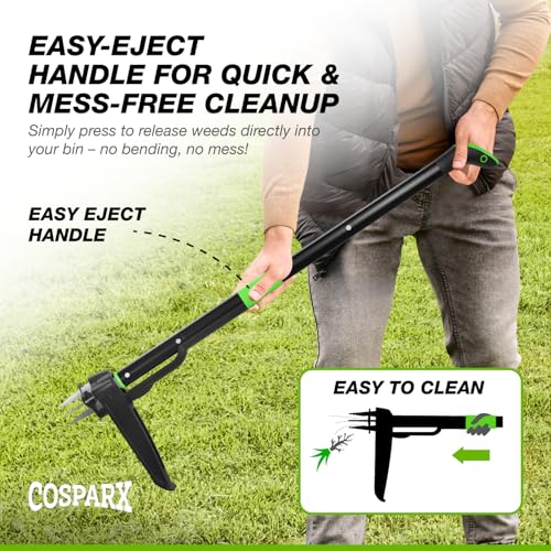 COSPARX Weed Puller Tool with Long 43” Handle, No Bending, Easy Eject – Removes Weeds Effortlessly, Sturdy Foot Pedal & Lightweight Aluminum - 4-Claw Hand Weeding Tool
