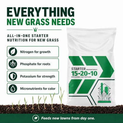Starter Fertilizer 15-20-10 – (18 lbs.) High Phosphorus Lawn Food for New Grass Seed & Sod – Promotes Fast Root Growth, Stronger Germination & Early Green-Up – Professional Grade Lawn Fertilizer - size: 18 lbs.