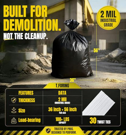 55 Gallon Contractor Garbage Bags Heavy Duty,2 Mil,30 Count,Black