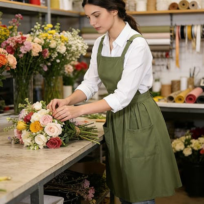 Cross Back Pinafore Apron Dress for Women, Olive Green Garden Apron