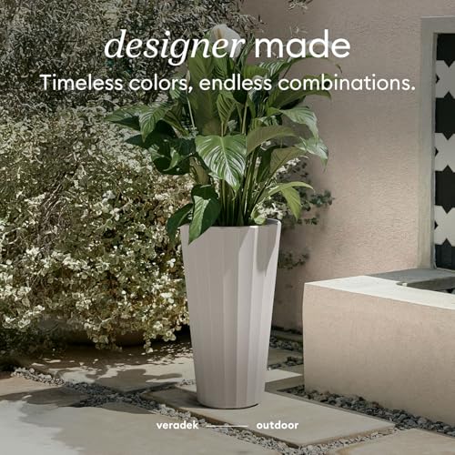 Veradek Column Series Tall Planter - Tapered Outdoor Planter with Shelf - color: White, style: Wide Groove