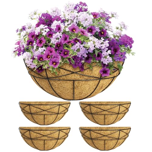 4 Pack 14 Inch Window Boxes Planters Railing Planter Box with Coco Liners Deck Railing Planter Boxes Balcony Hanging Flower Box Wall Mounted Half Round for Outdoor Plants Garden Decor - size: 14 Inch