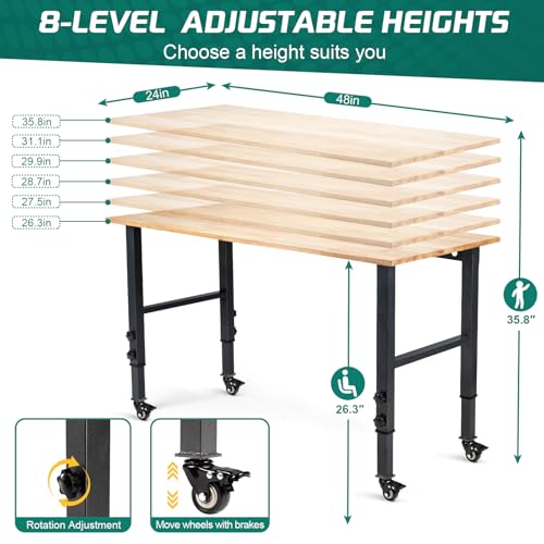 OLBRUS 48” Adjustable Workbench with Metal Wheels, 2000LBS Load Capacity - size: 48"No Power Outlets-Wheel
