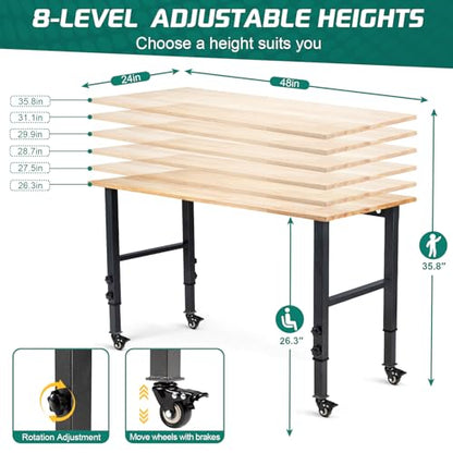 OLBRUS 48” Adjustable Workbench with Metal Wheels, 2000LBS Load Capacity - size: 48"No Power Outlets-Wheel