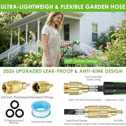 25 ft Non-Expanding Garden Hose, 360° Anti-Kink Swivel Fittings - color: Green, size: 25ft