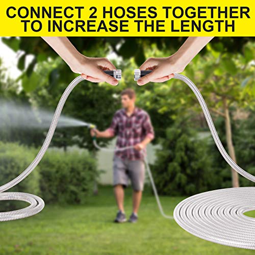 Stainless Steel Garden Hose 75 ft - Metal Water Hose with 2 Nozzles, Lightweight, Tangle Free & Kink Free, Heavy Duty, High Pressure, Flexible, Dog Proof - size: 75FT