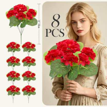8 Bundles Artificial Geraniums, UV Resistant, Red - color: Red