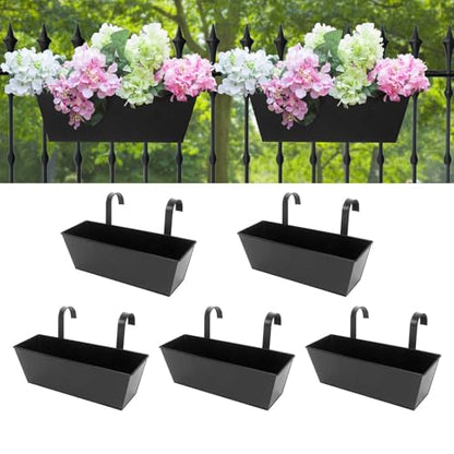 16 Inch Railing Planters Box Metal Hanging Flower Pot 5 Pcs - color: Black-5pcs