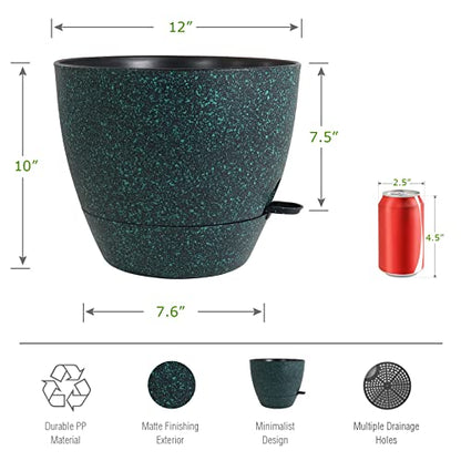UOUZ 12 inch Large Self Watering Pots, Plastic Planters with 60oZ Removable Deep Reservoir and Multi Mesh Drainage Holes for Indoor Outdoor Garden Plants and Flowers, Black with Green Speckles - color: Black With Green Speckles