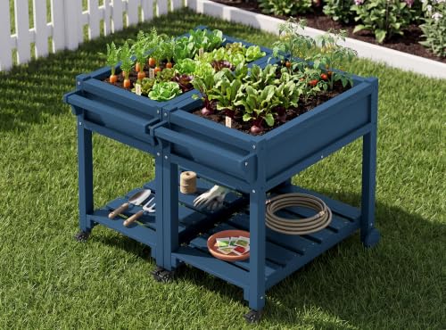SERWALL Raised Garden Bed on Wheels with Storage Shelf Set of 2,Navy - color: Navy, size: 2 Pack