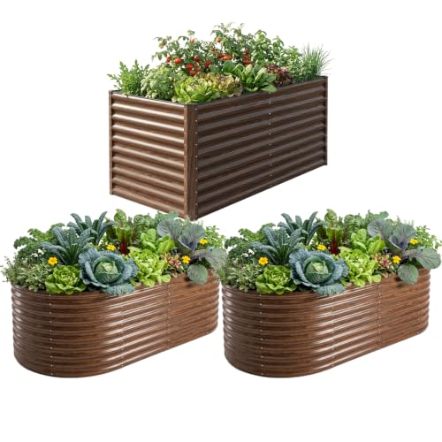 SnugNiture Brown Raised Garden Bed, 3-Piece Set Includes 1 Rectangular & 2 Oval Galvanized Garden Beds, 36" Tall Bottomless Planter Boxes for Vegetables, Herbs, Flowers and Outdoor Gardening