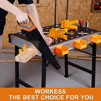 WORKESS Portable Workbench 1000Lbs Capacity Heavy Duty Folding Work Table with 2 Quick Clamps, 4 Bench Dogs, 3 Tool Boxes for Garage Easy Storage - style: Standard
