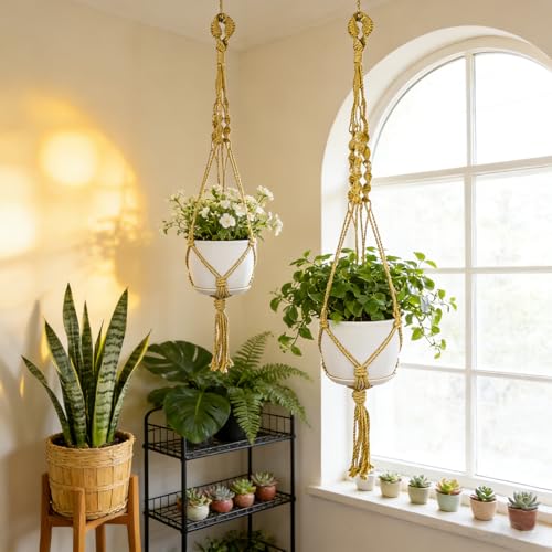 Macrame Plant Hanger, Boho Hanging Planters, Indoor Plant Holders, 35.4" - color: 2 Yellow