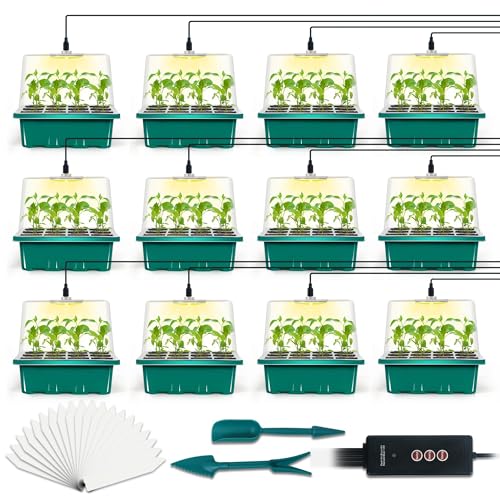 12-Set Seed Starter Tray with Grow Light, Seed Starting Trays Kits with Timing Controller Adjustable Humidity Domes Heightened Lids(12-Cells Per Tray) - color: Green 12-set