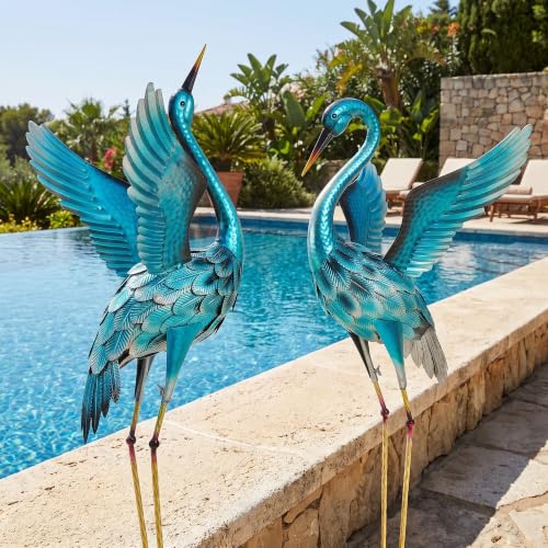 Extra-Large Metal Crane Garden Statue, 48" Blue Heron Decor Set of 2 - color: 48" Glossy Turquoise-blue