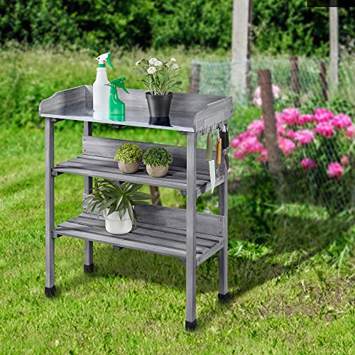 Yaheetech Potting Bench Outdoor Console Table w/3-Tier Storage,Gray - color: Gray