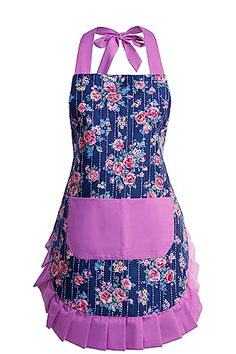 Retro Floral Apron for Women With Pockets for Cooking & Gifting - color: Purple