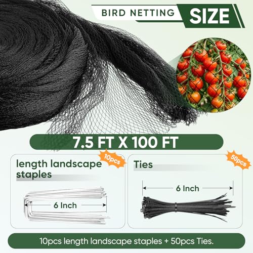 Bird Netting for Garden Protection, 7.5 X 100 FT, Heavy Duty Garden Netting - size: 7.5X100 FT