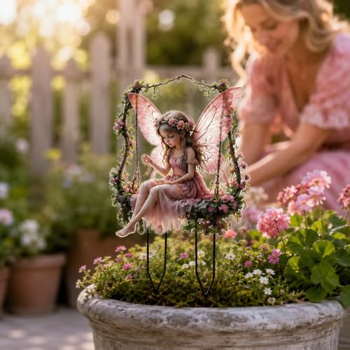 Garden Stakes, 2D Acrylic Pink Flower Fairy Swing Decorative Stake, Outdoor Ornament for Patio Planters Flower Beds Lawn Landscaping Yard Decor - color: Fairy Swing