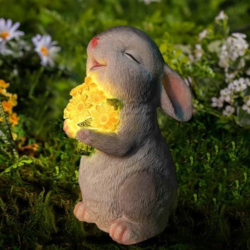 Solar Rabbit Garden Statues Outdoor Bunny Decor Resin Rabbit Figurine Holding Sunflower with LED Lights for Proch Patio Lawn Yard Mother's Day Christmas Birthday Gardening Gifts for Mom Women - color: Rabbit Holding Sunflower