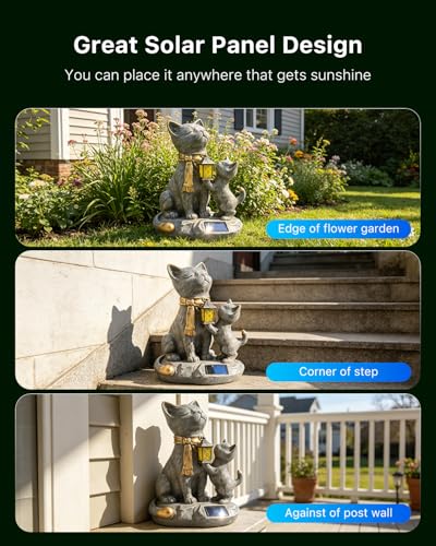 9.8" Solar Cat Resin Garden Statues Outdoor LED Light with Lantern
