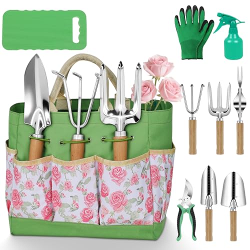 Garden Tool Set,10 Piece Garden Kit,Heavy Duty Stainless Steel Gardening Hand Tools with Durable Storage Tote,Rust-Proof Garden Tools,Gardening Gifts for Women Men Pink Floral Pattern Design - style: Pink Floral