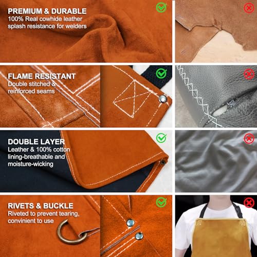 ARCCAPTAIN Leather Welding Apron, 24" x 36" FR Cowhide Blacksmith Aprons - color: Brown