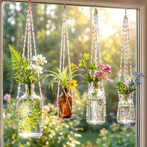 Suncalla 4 Pack Crystal Macrame Plant Hanger, Crystal Beaded Plant Hanger