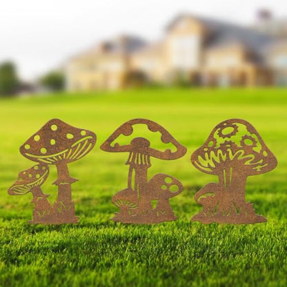 Resama 3 Piece Rusty Metal Mushroom Garden Stakes - color: Mushroom-R