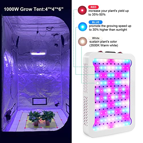 TATU 1000w LED Grow Light for Indoor Plants, Full Spectrum Plant Light - size: 12.6"D x 8.7"W x 1.9"H