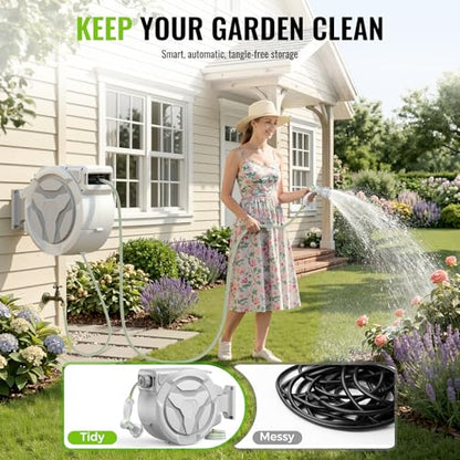 Etoolab Retractable Garden Hose Reel 100ft x 1/2 in with 10 Spray Nozzle - color: White