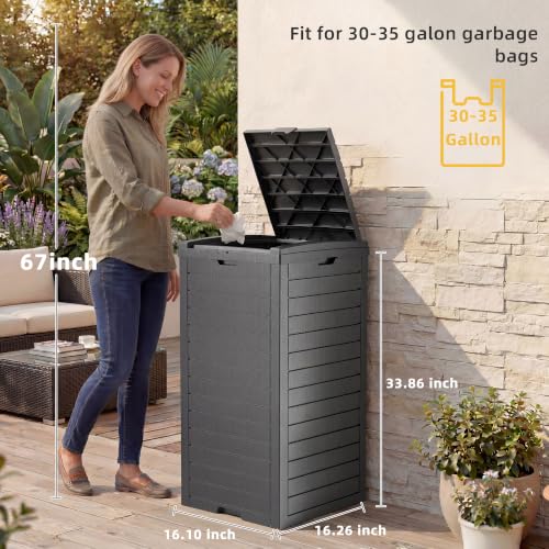 EFU 45 Gallon Outdoor Trash Can with Lid &Drip Tray, Waterproof Garbage Can - color: Deep Black, size: 45 Gallon